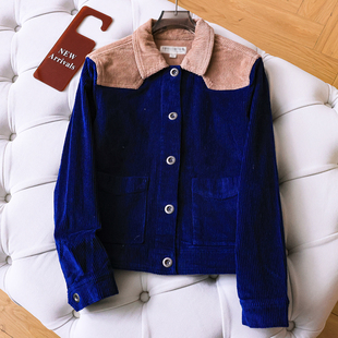撞色相拼翻领显瘦单排扣灯芯绒夹克单排扣休闲长袖 外套Q506 女装