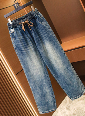 男装蓝色磨白抽绳松紧腰宽松直筒裤流行百搭阔腿裤男士牛仔裤F482