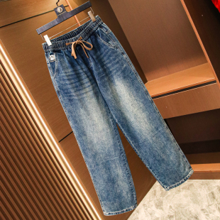 牛仔裤 男装 男士 流行百搭阔腿裤 F482 蓝色磨白抽绳松紧腰宽松直筒裤