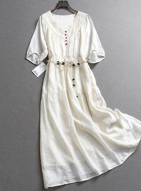 纯色镂空蕾丝V领系带松紧腰显瘦五分袖2025夏新款女裙连衣裙Z599