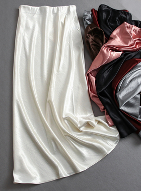 纯色丝滑珠光肌理感亲肤缎面中长款百搭高腰女裙a字裙半身裙K662