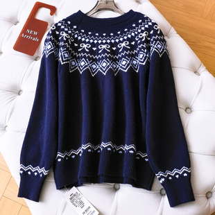 费尔岛提花软糯亲肤复古宽松慵懒圆领长袖 套头女毛衣Q359 针织线衫