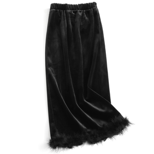 黑色松紧腰显瘦修身 新女半身裙H509 加绒加厚毛绒边包臀裙2024冬季