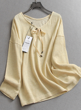 蝴蝶结系带V领金丝镂空2025秋季新款宽松百搭套头长袖针织衫N723