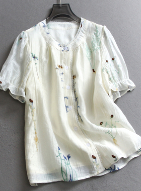 重工刺绣蕾丝花边圆领宽松显瘦2025夏季新款荷叶短袖女装衬衫X950