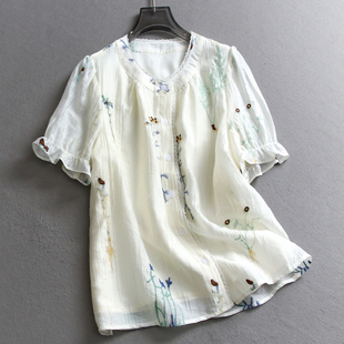 衬衫 重工刺绣蕾丝花边圆领宽松显瘦2025夏季 女装 荷叶短袖 X950 新款