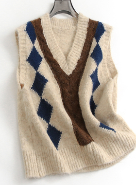 菱形格纹显瘦慵懒风V领外搭叠穿减龄学院风针织毛衣背心马夹F648