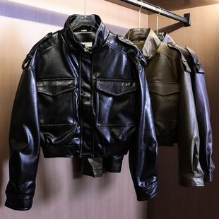 短款 长袖 夹克外套女皮衣B269 新款 纯大口袋立领仿皮效果2025秋季