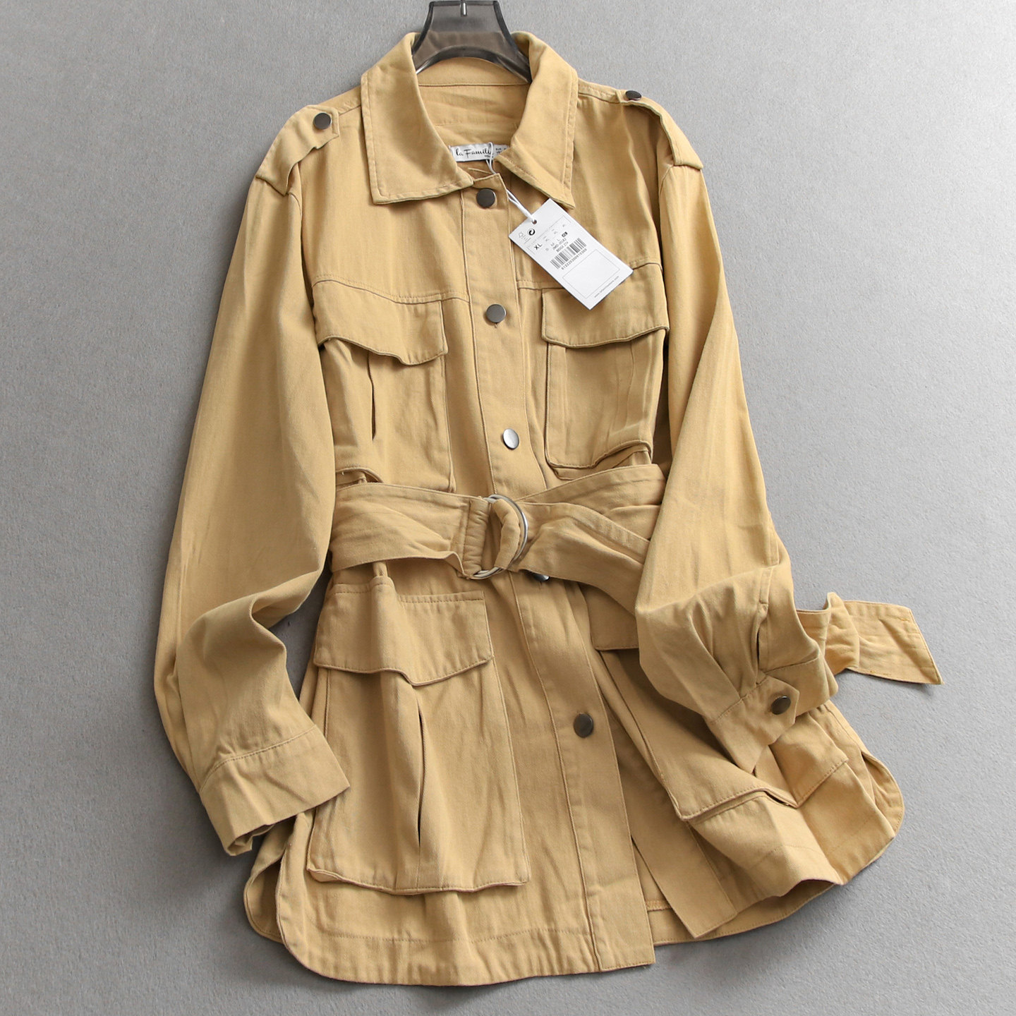 纯色腰带四口袋垫肩猎装翻领外套25秋季新款长袖中长款女风衣N868