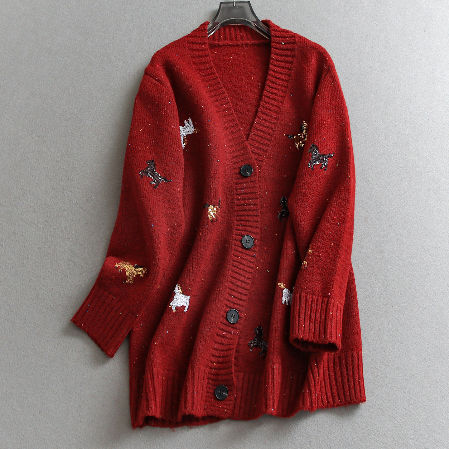 亮片小马图案宽松显瘦中长款V领慵懒减龄长袖针织外套女毛衣W045,女装/女士精品,毛衣,淘宝优惠券,粉丝福利购,淘宝优惠卷