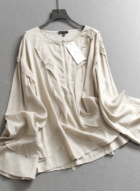 波嘻风法式浪漫荷叶边亚麻宽松薄款凉感圆领防晒长袖女装衬衫C381