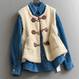 灯芯绒夹棉加厚宽松棉衣外套可配一整套仿羊羔绒牛角扣马甲女M632