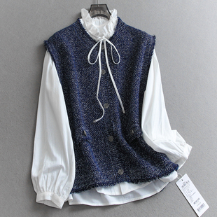 W092 可配一整套小香针织马甲女套装 抽绳木耳边立领纯色长袖 衬衫