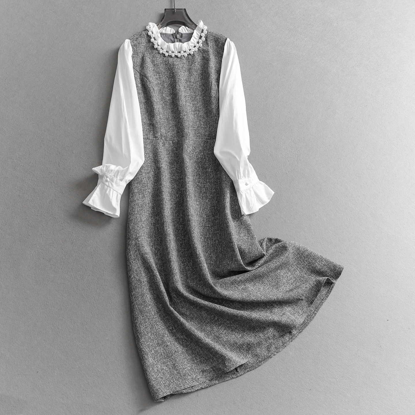 珍珠荷叶立领喇叭袖长袖连衣裙女