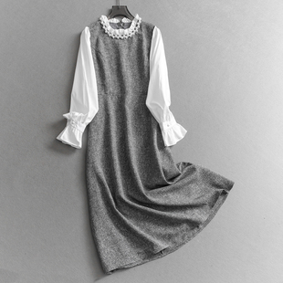 珍珠荷叶立领撞色拼接喇叭袖法式千金风假两件长袖女裙连衣裙Q697