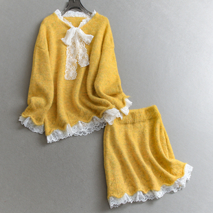 蕾丝蝴蝶结系带甜美减龄慵懒长袖 W144 毛衣一整套穿搭半身裙女套装