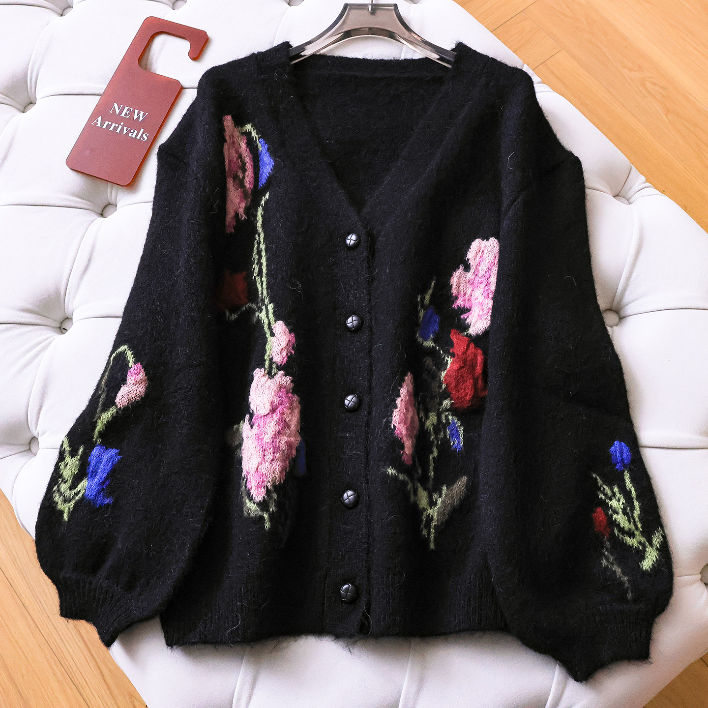 撞色花卉提花宽松慵懒V领灯笼袖针织开衫外套长袖温柔毛衣女Q630,女装/女士精品,毛衣,淘宝优惠券,粉丝福利购,淘宝优惠卷