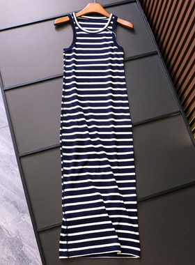 蓝白条纹显瘦修身圆领无袖背心裙通勤百搭夏季新款女裙连衣裙X319