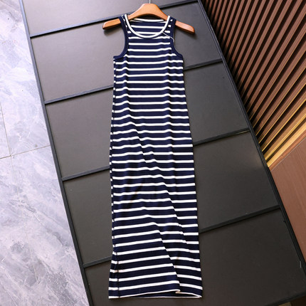 蓝白条纹显瘦修身圆领无袖背心裙通勤百搭夏季新款女裙连衣裙X319