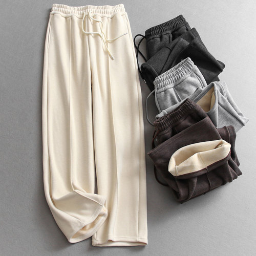 加绒加厚垂感纯色抽绳松紧腰女裤
