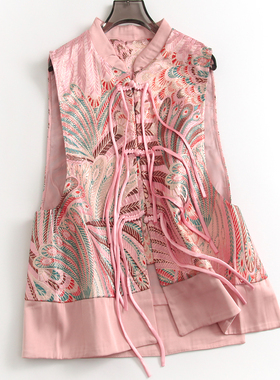 提花宽松显瘦盘扣飘带新中式国风立领无袖外套汉服女背心马夹M223