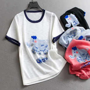T恤C492 女装 可爱卡通大象提花冰感薄款 圆领减龄休闲针织上衣短袖