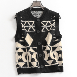 针织毛衣背心马甲女 外搭学院风开衫 C633叠穿复古拼色2023秋季 新款