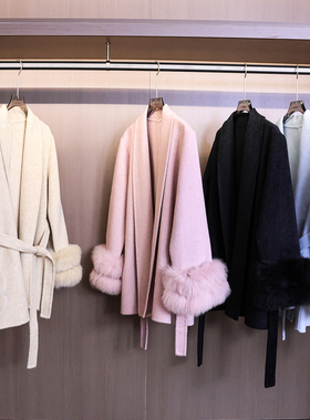 轻奢气质风可拆卸毛毛袖口无扣系带双面呢羊毛大衣女毛呢外套B754
