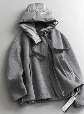 可拆卸羽绒连帽双面呢羊毛混纺大衣廓形显瘦长袖女装毛呢外套N986