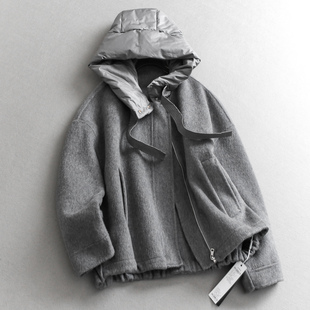 可拆卸羽绒连帽双面呢羊毛混纺大衣廓形显瘦长袖 毛呢外套N986 女装