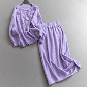 立体花朵交叉绑带V领宽松毛衣松紧腰针织半身裙一整套套装 女N017