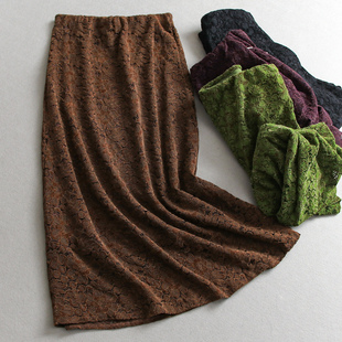 优雅气质纯色松紧腰A字蕾丝半身裙2025秋冬新款 显瘦包臀裙女M272