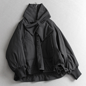 「配围巾」抽绳荷叶下摆纯色圆领宽松中长款 长袖 外套女羽绒服Q655