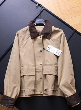 撞色灯芯绒翻领复古巴恩风短款风衣2025秋新款工装长袖女外套B021