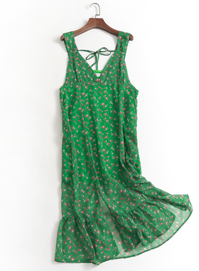 J622减龄开叉鱼尾吊带裙韩系V领少女小清新连衣裙夏季薄款长裙女