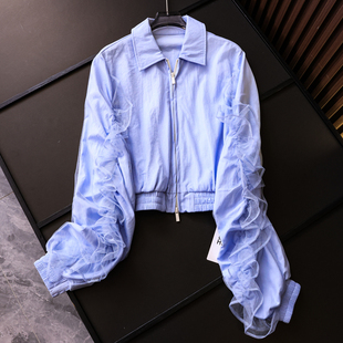 短外套L745 女装 纯色网纱木耳边双拉链门襟超宽松翻领长袖 百搭时尚