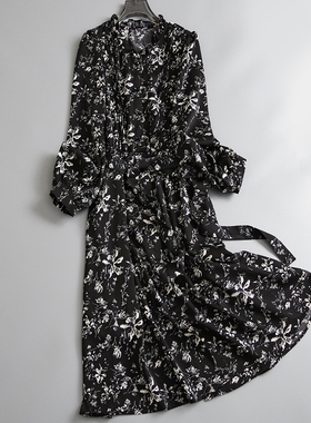 复古碎花木耳边V领a字气质显瘦印花裙长袖收腰女裙连衣裙长裙L050