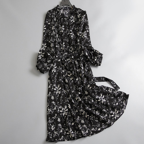 显瘦印花裙长袖收腰女连衣裙长裙