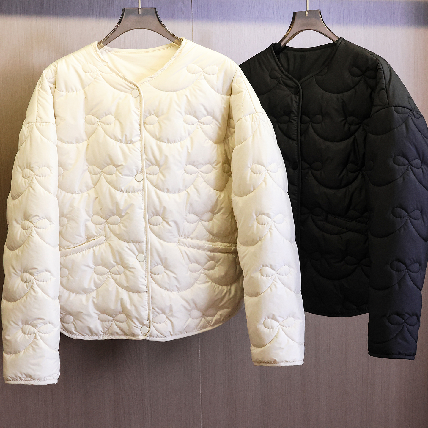 纯色蝴蝶结绗缝宽松显瘦无领棉衣