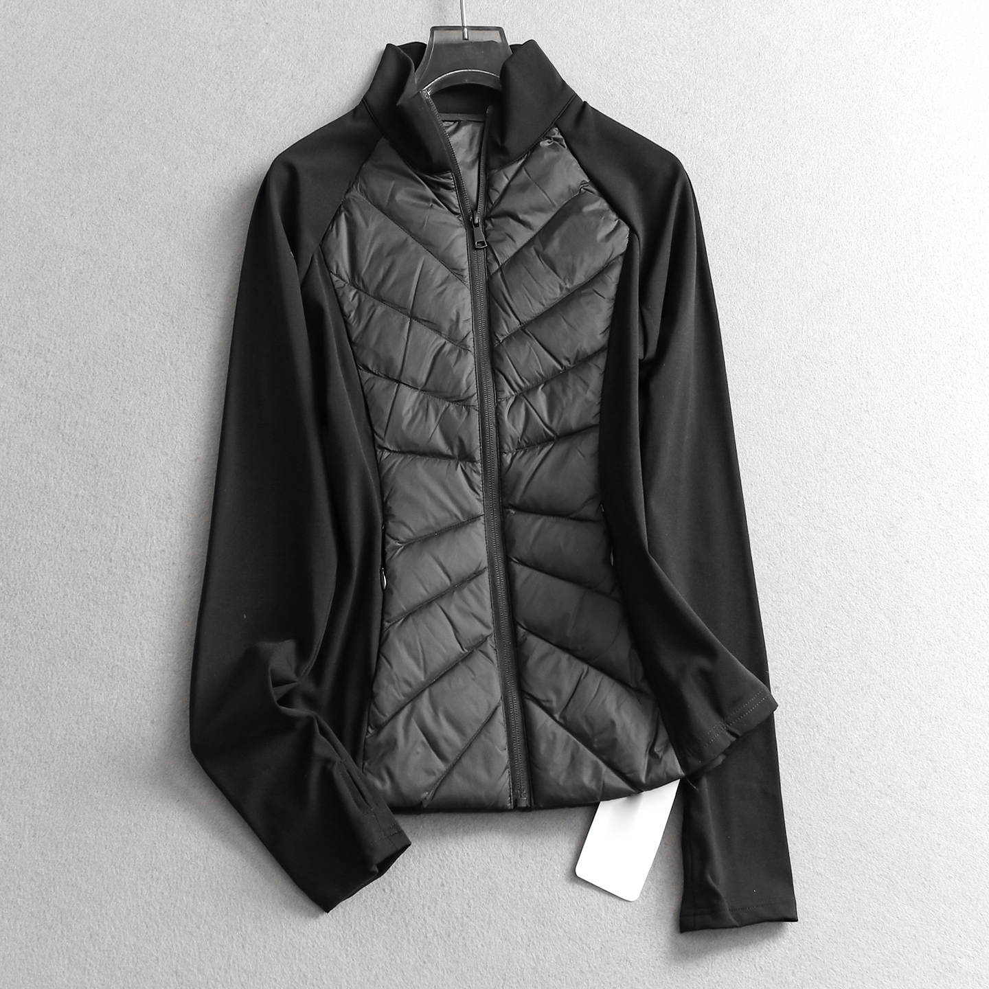 弹力布拼接纯色立领轻薄款羽绒服