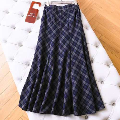 撞色格纹高腰显瘦鱼尾裙a字长裙