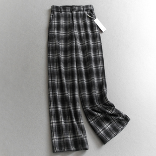 M927 百搭女休闲裤 复古格纹松紧腰加绒加厚保暖宽松阔腿裤 直筒长裤