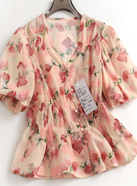 印花缩褶显瘦修身V领单排扣减龄泡泡袖夏季新款短袖女短衬衫S458