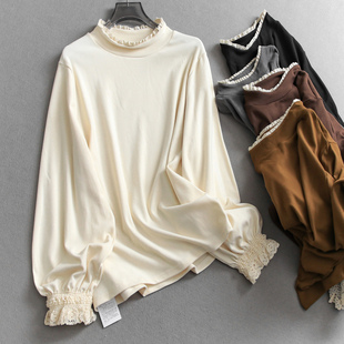 T恤M544 减龄女装 纯色宽松显瘦亲肤舒适蕾丝花边半高领打底衫 长袖