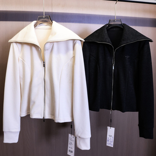 女装 「版 长袖 修身 百搭外套B112 型分割设计」纯色海军领双拉链短款