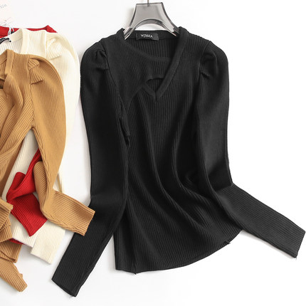 纯色弹力修身镂空V领法式风泡泡袖2024秋季长袖毛衣女针织衫F690