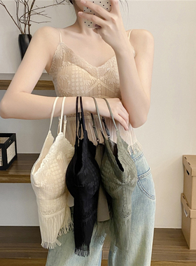 法式流苏蕾丝吊带背心女可调节细肩带舒适无痕上衣内搭Z677
