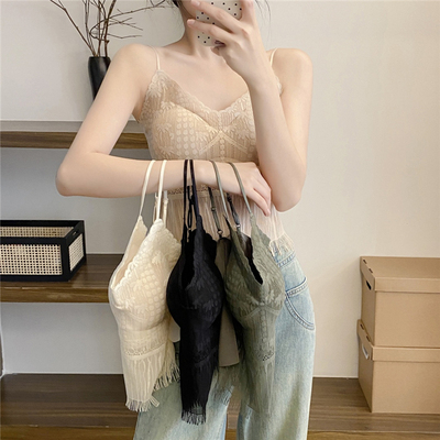 法式流苏蕾丝吊带背心女可调节