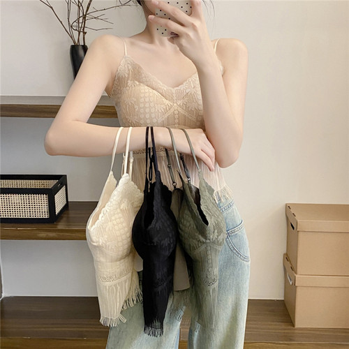 法式流苏蕾丝吊带背心女可调节