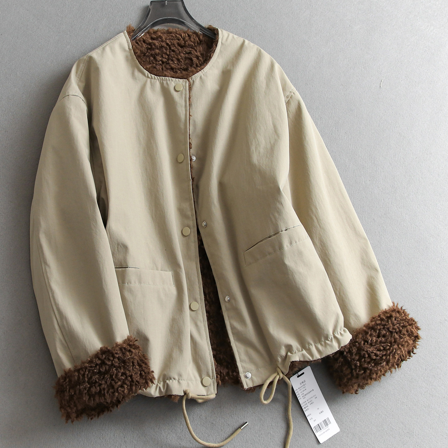 仿羊羔绒内里圆领加厚宽松外套女